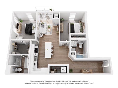Floor plan for 2 beds, 2 baths, 1081 sqft